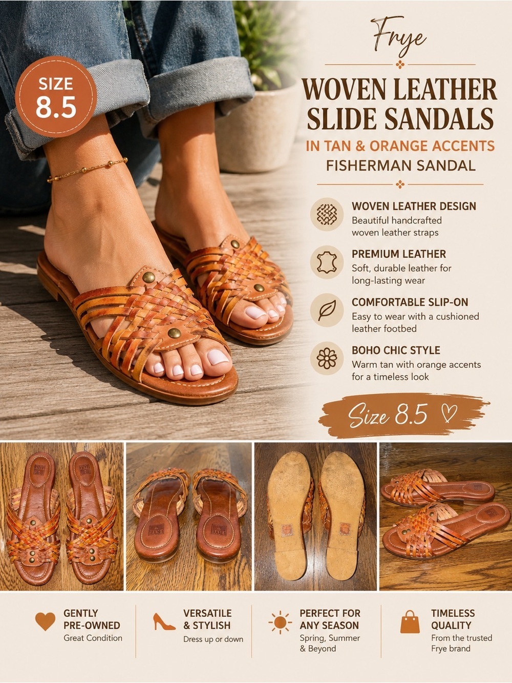 Frye Woven Leather Slide in Tan Orange Accents Fisherman Sandal Women’s 8.5